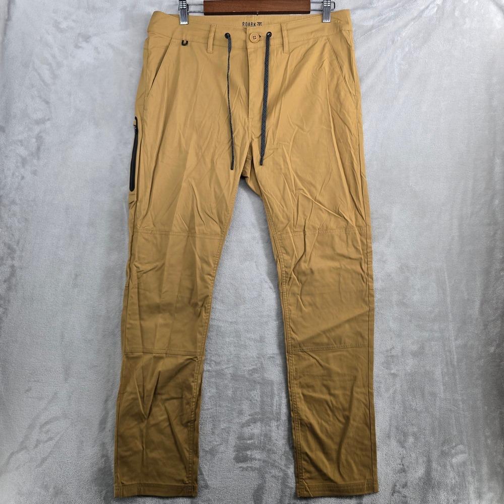 ROARK Tech Men Khaki Cargo Pants Size 33 Nylon Blend Drawstring Waist Zip Pocket